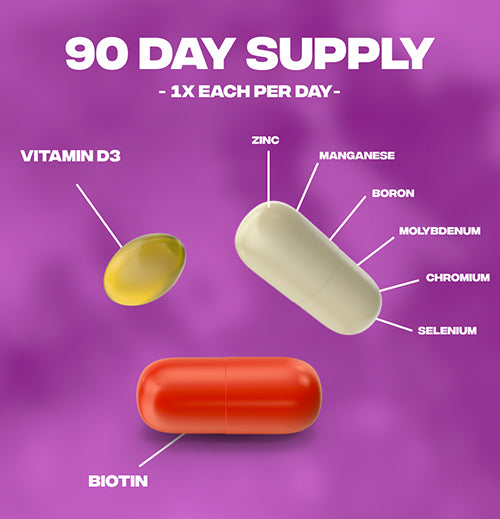 90 day supply, 1 supplement each per day. Vitamin D3, Biotin and MicroMinerals. Smarter Hair, Skin, and Nails Combo Pack
