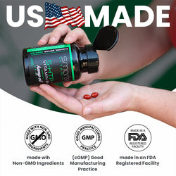 USA made Smarter 5-HTP, woman pouring 5-HTP into her han, Non-GMO, GMP, FDA Approved.