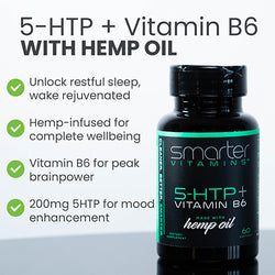 Smarter 5-HTP + Vitamin B6 with hemp oil showing 4 benefits.