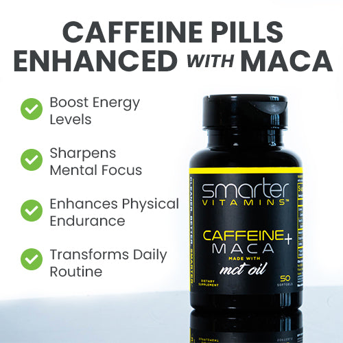 Smarter Caffeine pills enhanced with Maca, showing 4 benefits.