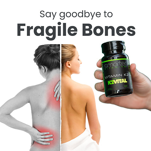 Woman holding her back displaying sore spots, say goodbye to fragile bones, Smarter Vitamin K2