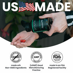USA Made Smater L-Theanine, Woman pouring L-Theanine supplements into her hand.