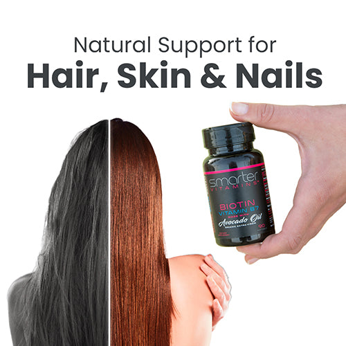 Woman showing before and after hair, Natural support for hair, skin & nail