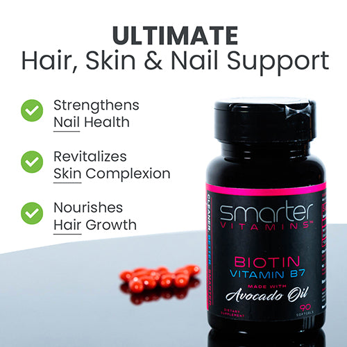 Smarter Biotin vitamin B7 with pills on a table, Ultimate hair, skin & nail support